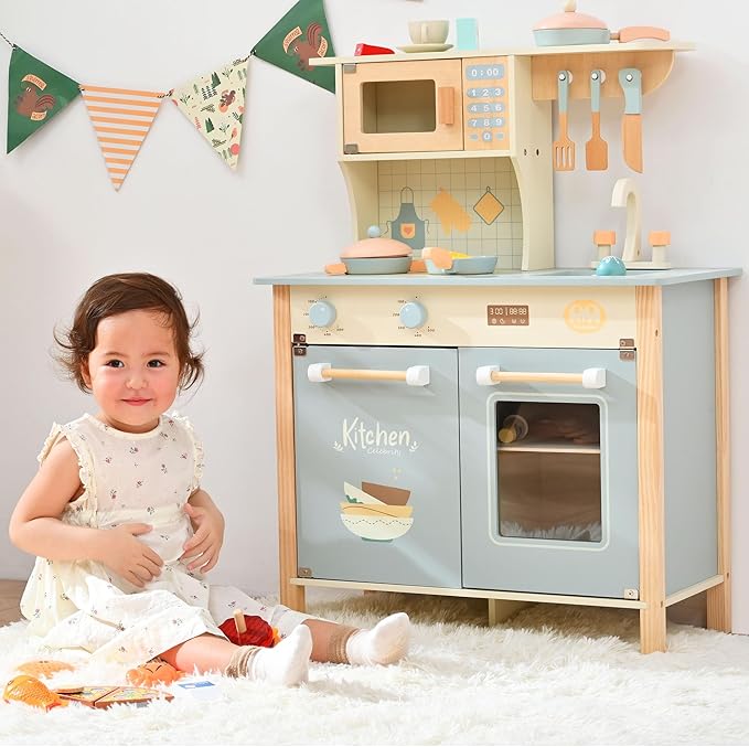 Play Kitchen for Toddlers, Kids Kitchen Playset Toy Kitchen Set, Toddler Kitchen Playset Wooden with with Faucet, Oven, Cookware Accessories