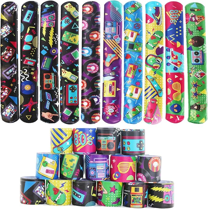 48 PCS 80s 90s Theme Party Favors Slap Bracelets, Wristbands Bracelets for Kids Adults Retro Birthday Party Supplies, Classroom Prizes Rewards Exchanging Gifts