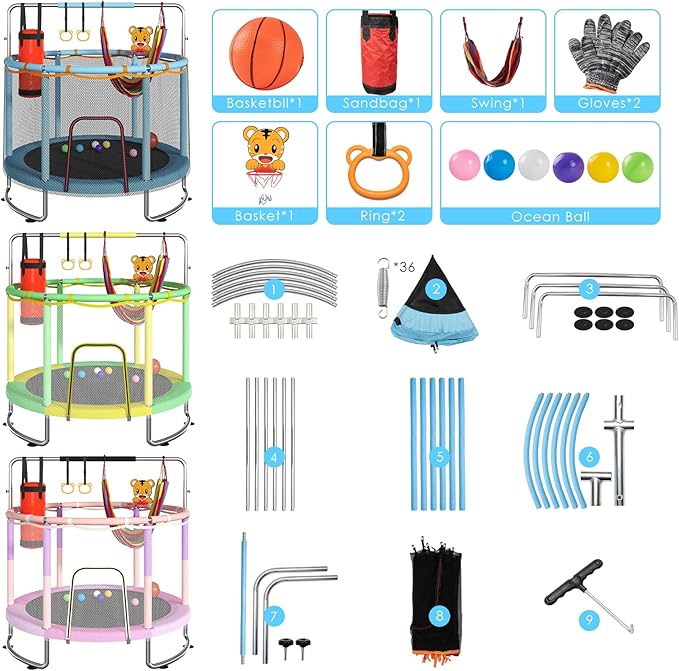 Trampoline for Kids, Upgrade Full Anti-Rust 440lbsToddler Trampoline with Net,Upgraded Ring Legs with Adjustable Gymnastics Bar&Toys, Gifts for Ages 1-8 Boys&Girls