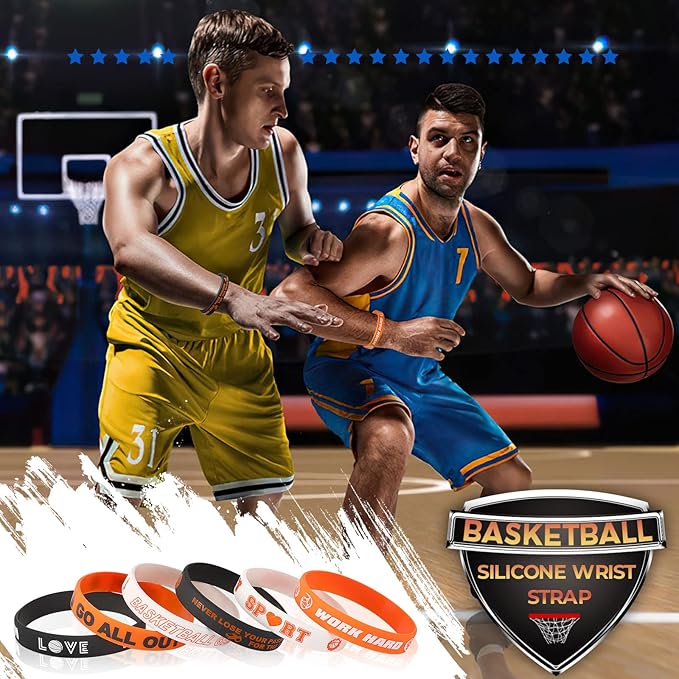 JUNEBRUSHS Basketball Motivational Silicone Wristband, 42PCS Basketball Party Favors Rubber Bracelets for Sports Gifts Sports Prize Party Decorations Rewards Supplies (6 Designs)