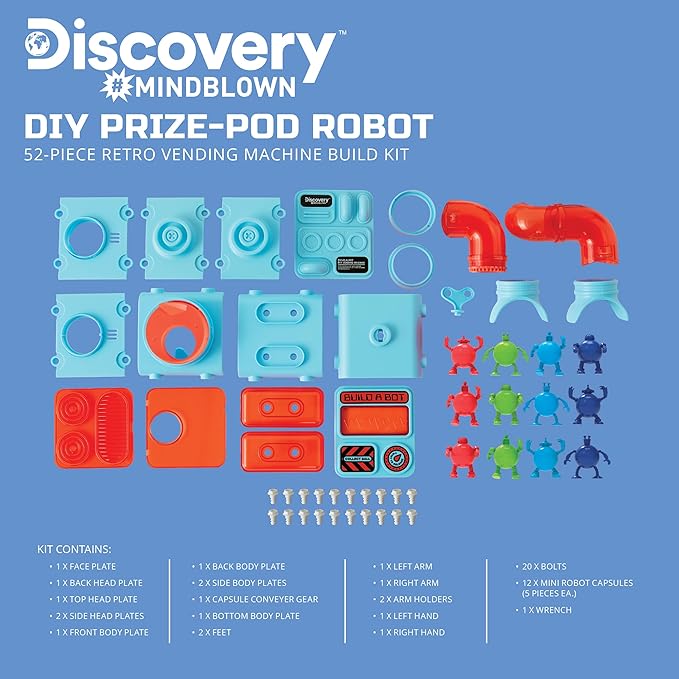Discovery™ #MINDBLOWN DIY Prize-Pod Robot Kit, 52-Piece Vending Machine Building Set, 12 Transforming Capsules, Educational Science Experiment, Engineering STEM Project, Robotics Toy Gift Kids Age 8+