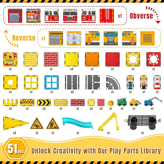 SKTMYY Magnetic Tiles Construction Toys with Road & Crane & Marble Run, Double-Sided Fire Station & Building Magnet Tiles for Kids Ages 4-8, STEM Magnetic Blocks Gifts for 3 4 5 6 7 8 Year Old Boys