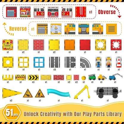SKTMYY Magnetic Tiles Construction Toys with Road & Crane & Marble Run, Double-Sided Fire Station & Building Magnet Tiles for Kids Ages 4-8, STEM Magnetic Blocks Gifts for 3 4 5 6 7 8 Year Old Boys