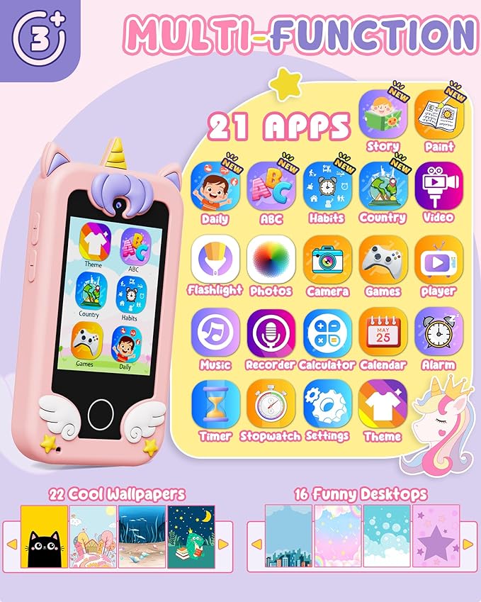 UCIDCI Kids Smart Phone Toys for Girls Ages 3-7 with Dual Camera - Toddler Phone Toys with Learning Games, Travel Toys with MP3 Music Player for Christmas, Birthday Gifts for 3 4 5 6 7 Year Old Boys