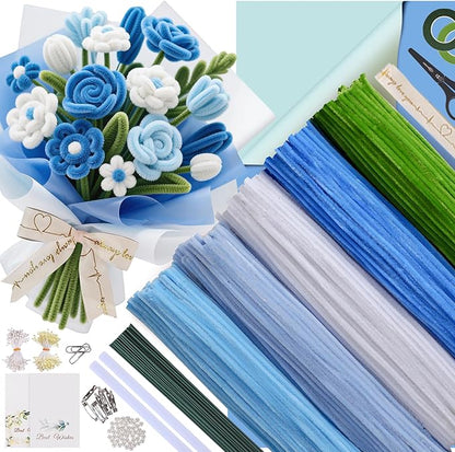 500 Pcs Pipe Cleaners Craft Kit for Flower Making, Complete DIY Bouquet Set with Chenille Stems, Craft Wire, Stamen, Tape, Ribbon & More, Perfect for Arts, Handmade Gifts & Decorations