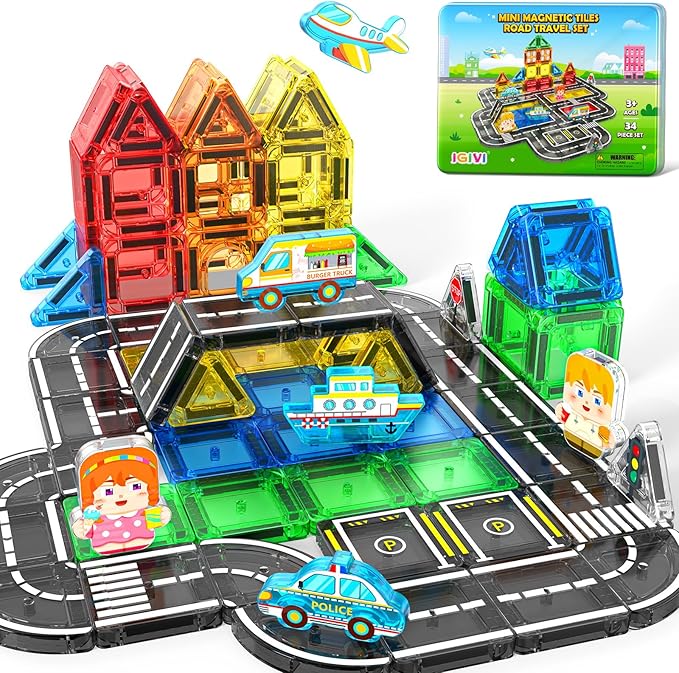 Mini Magnetic Tiles Road Travel Essentials Set — Portable STEM Sensory Magnetic Building Blocks for Toddlers & Preschool, Compact Travel Toys for 3+ Boys & Girls, Easter Birthday Gift