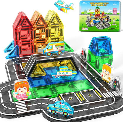 Mini Magnetic Tiles Road Travel Essentials Set — Portable STEM Sensory Magnetic Building Blocks for Toddlers & Preschool, Compact Travel Toys for 3+ Boys & Girls, Easter Birthday Gift