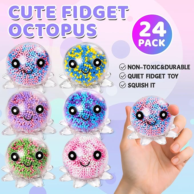 24 Pack Octopus Stress Balls Set for Kids Adults, Cute Squishy Squeeze Fidget Toys for Anxiety Stress Relief, Perfect Party Favors Easter Basket Stuffers Birthday Gifts Classroom Prizes