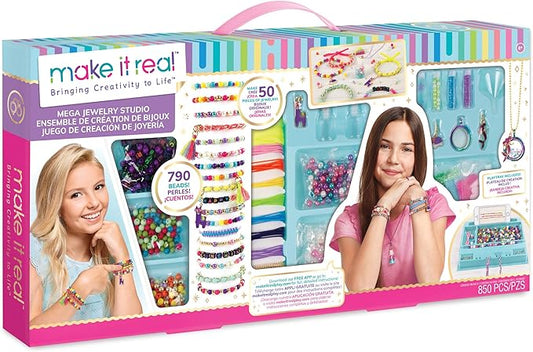 Make It Real - Mega Jewelry Studio - DIY Bead Necklace and Bracelet Making Kit for Tween Girls - Arts and Crafts Kit with Beads and Charms for Unique Jewelry Making - Includes Case