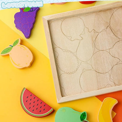 LovesTown 12PCS Fruit Shape Puzzles, Educational Toy Wooden Chunky Jigsaw Puzzles for Gift