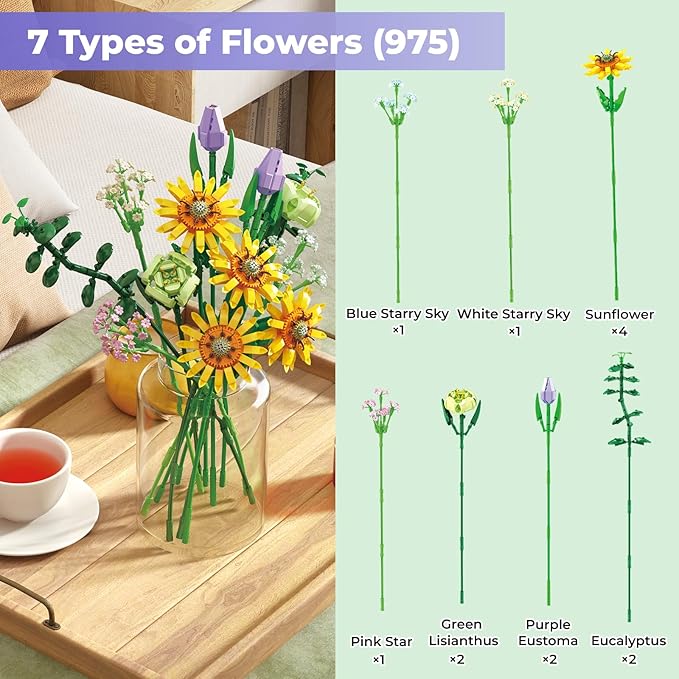 Contixo Flowers Bouquet Building Blocks Set - BK04 Artifical Sunflower Botanical Collection Kids Building Toys Kit 975 PCS, Home Plant Decor Toy Gift for Adults Kids Girls Ages 6+
