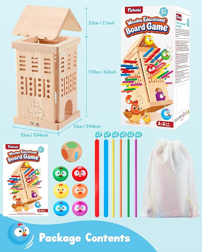 Montessori Toys Wooden Board Games for 3 4 5 6 Years Old, 34 Colorful Wooden Sticks Fine Motor Skills Toy for Kids 4-6, Math&Counting Learning Toy Family Games for Girls Boys 3 Year Olds Gift Ideas