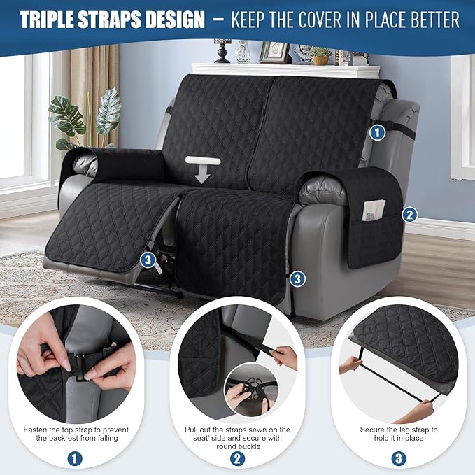 TAOCOCO 100% Waterproof Recliner Covers, Recliner Sofa Covers with Leg Straps, Reversible Recliner Couch Cover for Reclining Chair, Washable Couch Protector for Pets Kids(2 Seater, Black)