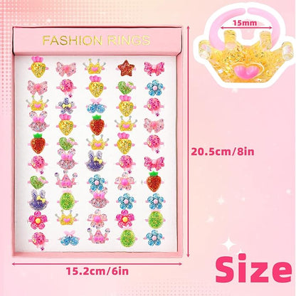 Little Girl Jewel Rings, Adjustable Pink Rings Girls Kids Pretend Play and Dress up Jewelry Set, Cute Rings with Display Case Party Favors Toys Gifts