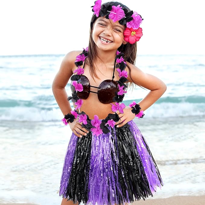 Fortuning's JDS Hawaiian Hula Grass Skirt for Girls Elastic Flower Costume Kids Outfits for Luau Tropical Beach Party Decor