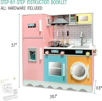 Lil’ Jumbl Kids Colorful Kitchen Set, Pretend Wooden Play Kitchen, Battery Operated Icemaker, Microwave, Range Hood, Stove Top, Oven, with Realistic Sound & Lights, Pots, Pan, & Utensils Included