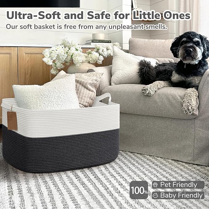 Goodpick Woven Storage Baskets for Organizing 22”x17”x12” Large Blanket Basket for Living Room Bedroom, Rectangle Toy Baskets Storage Kids with Handles, Dark Gray