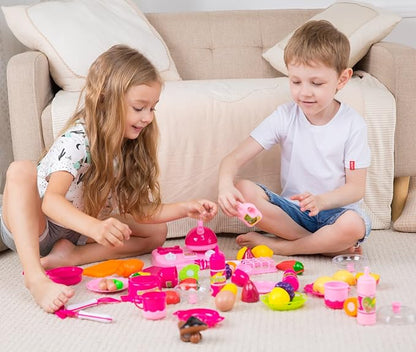 Kimicare 58 Piece Kitchen Cooking Set Girls Boys Fruit Vegetable Tea Playset Toy for Kids Early Age Development Educational Pretend Play Food Assortment Set