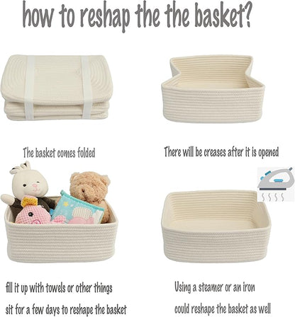XUANGUO Small Woven Storage Baskets 13“X9”X5“ Decorative Rope Bins for Organizing Shelves, Closets, and Toys, Empty Gift Baskets, Cute Organizer Basket for Home and Office White Large