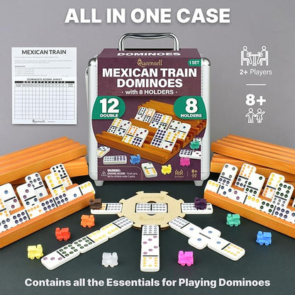 Queensell Mexican Train Dominoes Set with 8 Holders - Wooden Hub and Tiles Holders - Double 12 Tiles with Dots (D12 + 8 Holders)