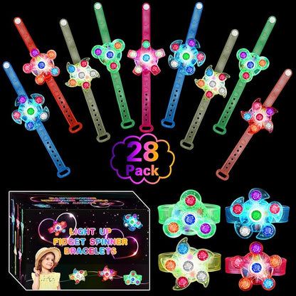 28 Pack LED Light Up Fidget Spinner Bracelets, Party Favors for Kids 4-8 8-12 Glow in The Dark Party Supplies Treasure Box Toys for Class Birthday Gifts Xmas Stocking Stuffers for Teens Goodie Bags