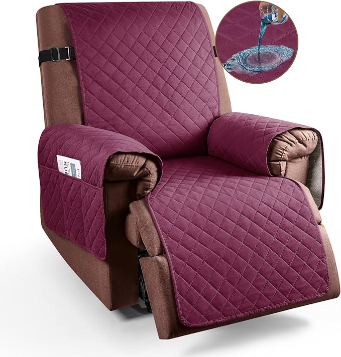 KinCam 100% Waterproof Recliner Chair Cover, Reclining Couch Covers for Pets, Dogs, Recliner Couch Slipcover Furniture Protector with Elastic Straps for Kids(23.6", Burgundy)