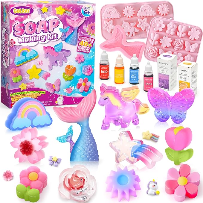Golray Soap Making Craft Kit for Kids Girl Toys, Make 40 Pcs+ Soap Supplies with Unicorn/Mermaid/Butterfly Model, 2 Essential Oil, DIY Science Art and Craft Kit for Kid Girl Age 5-7 8-12 Year Old Gift
