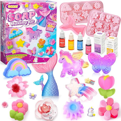Golray Soap Making Craft Kit for Kids Girl Toys, Make 40 Pcs+ Soap Supplies with Unicorn/Mermaid/Butterfly Model, 2 Essential Oil, DIY Science Art and Craft Kit for Kid Girl Age 5-7 8-12 Year Old Gift
