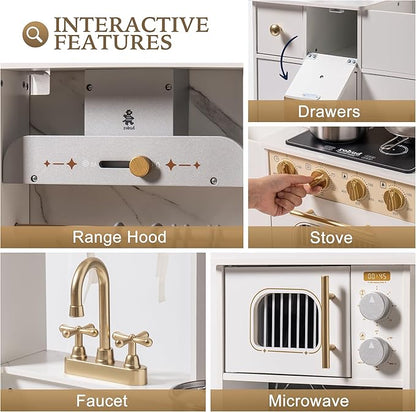 ROBUD Play Kitchen for Kids, Wooden Play Kitchen Set with Plenty of Realistic Play Features, Toy Kitchen with Ice Maker, Coffee Machine, Oven, Cabinet, Microwave, Utensils, Gift for Ages 3+, White