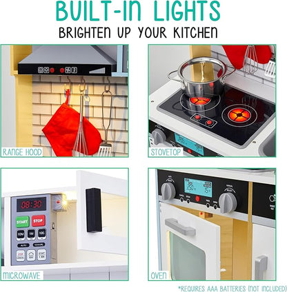 Lil' Jumbl Kids Natural Small Kitchen Set, Pretend Wooden Play Kitchen, Includes Range Hood, Microwave, Stove Top, Oven That Make Realistic Sound & Light, Pots, Pan, Cutting Board & Utensils Included,