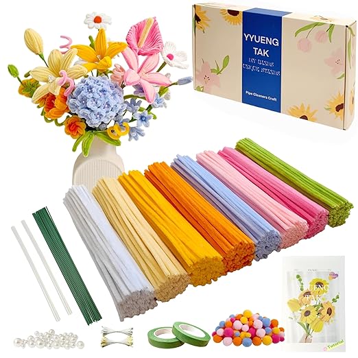 500 Pcs Dopamine Colors Pipe Cleaners Flower kit,Chenille Stems for DIY Art Projects Creative Gift,Pipe Cleaners Craft with tutoria,Pearls,Pompoms,Green Floral Wires,Gardening Tape,Stamen