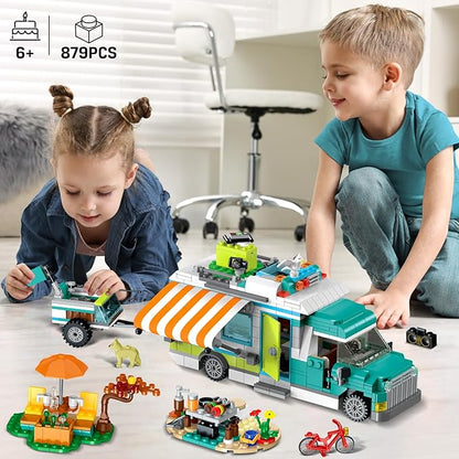 HOGOKIDS City Camper Van Building Set with LED Light - 3-IN-1 Holiday RV Camping Building Toy for Kids 879PCS with Tent BBQ Grill Vehicles Friends Creative Adventure Gift for Boys Girls 6-12 Years Old
