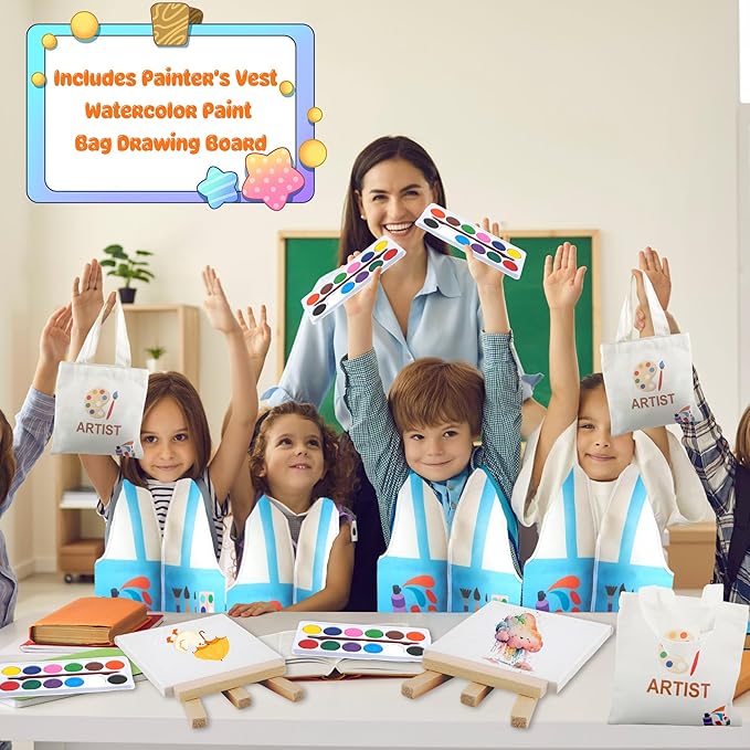 4 Pcs Child Artist Costumes Set Include Artist Painter Vest Mini Watercolor Paint Mini 3 x 3 Inch Canvas Wooden Easel with Artist Bags for Kids Halloween Career Dress Up Painting Party