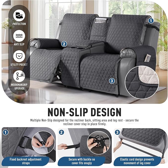 TAOCOCO 100% Waterproof Recliner Cover -Loveseat Recliner Cover with Center Console,Non-Slip Reclining Couch Covers for 2 Seat,with Elastic Straps Pocket for Kids, Dogs(Black Gray, 2 Seater XL)