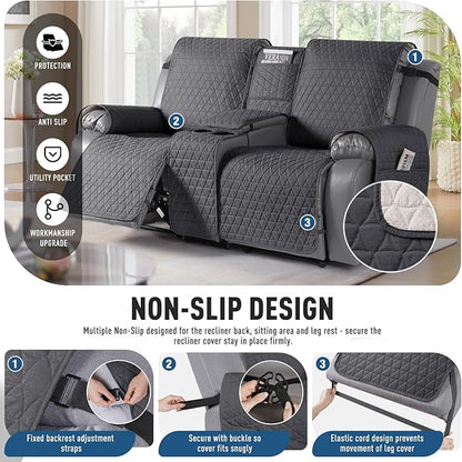 TAOCOCO 100% Waterproof Recliner Cover -Loveseat Recliner Cover with Center Console,Non-Slip Reclining Couch Covers for 2 Seat,with Elastic Straps Pocket for Kids, Dogs(Black Gray, 2 Seater XL)