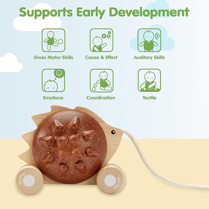 PlanToys® Wooden Pull Along Hedgehog | Montessori Pull Toy for Toddlers | Walking Toy with Sound, Early Learning, Balance & Coordination | Eco Friendly Wooden Toy