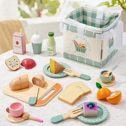 Toyssa Wooden Picnic Tea Party Set for Litle Girls 3-5, Picnic Pretend Play Kitchen Accessories for Kids with Fruits & Desserts, Toys Foods Christmas Birthday Gifts for Girls Boys 3 4 5 6 Years Old