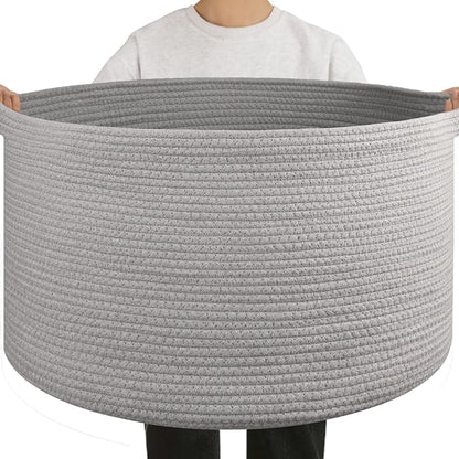 OIAHOMY 90L Blanket Basket for Living Room, Large Basket 23" x 23" x 13" with Handle, Laundry Hamper for Blankets, Pillows, Toy Storage for Kids, Dogs - Light Grey