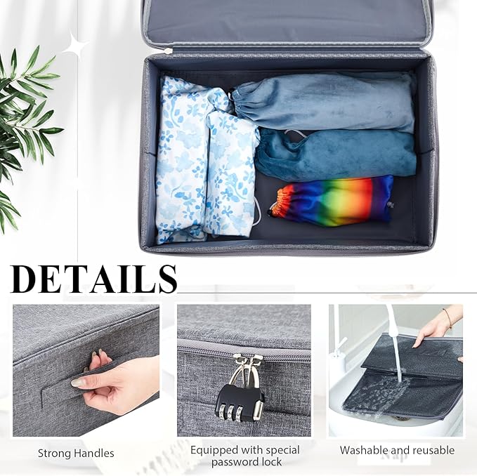 Briwooody Discreet Lockable Toy Bag Storage Organizer Toy Bag Storage Bins Case with Zipper Lid for Women and Men Clothes Container(Gray,15 x 10 x 6.3 Inch)