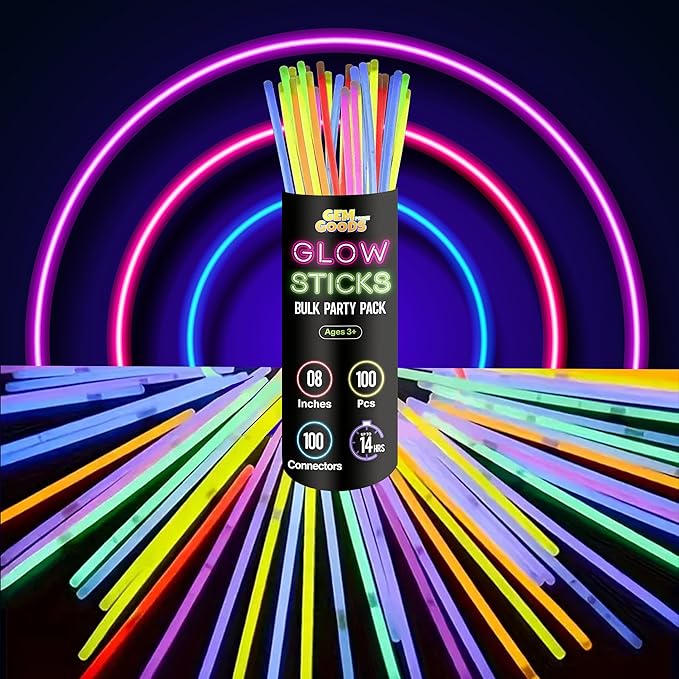 GemPrime 100 Pcs Glow Sticks Bulk Party Pack – 8” Glow in the Dark Party Supplies & Party Favors Pack for Glow Bracelets & Glow Necklaces – 100 Connectors for Christmas, Concerts & Birthdays