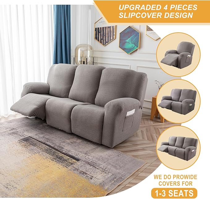 Genina Recliner Cover Stretch Couch Covers, Sofa slipcover for Reclining Couch Thick Jacquard Furniture Protector Washable (Light Grey, 3 Seat)
