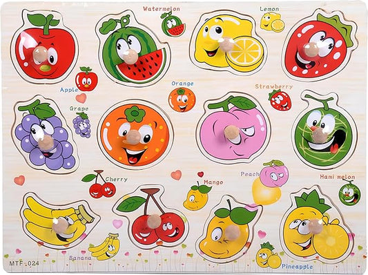Fruits Puzzle Wooden for Toddlers 3+ Years Old Montessori Fruit Learning Toy with Sorting Board Colorful Fruit Blocks - Educational Preschool Toy for Boys Girls - Fine Motor Skills Early Learning