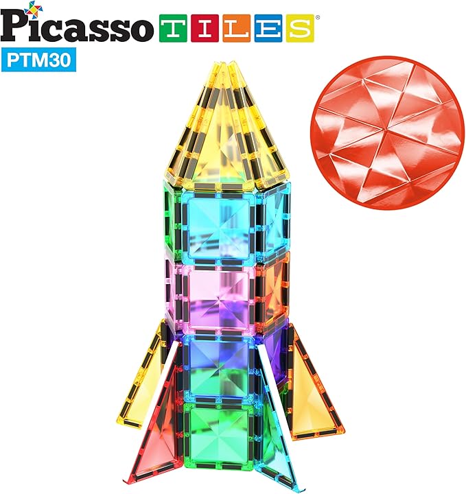 PicassoTiles Mini Size Magnetic Tiles Sensory Magnet Toys Diamond Series Construction Building Blocks Set STEM Learning Travel Size Educational Toy for Kids Boys Girls Toddlers Age 3+ PTM30