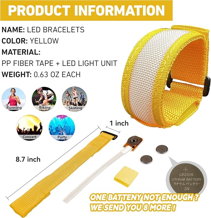 8 PCS LED Glow Bracelets, Light Up Wristbands - Halloween Glow in The Dark Party Bracelets Favors Supplies for Christmas, Concerts, Festivals, Game Prizes, Sports, Rave Accessories（Yellow）
