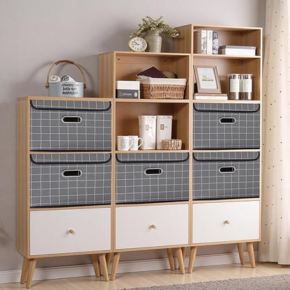STOREONE Fabric Storage Cube Bins Foldable Organizer Container Collapsible Basket with Lids and Metal Handles, for Home, Bedroom, Closet 6 Pcs (Grey grid)
