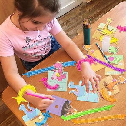 Valentines Day Cards for Kids- 24Pcs Dinosaur Valentines Cards with Glow in Dark Dinosaur Stretchy String Sensory Fidget Toys for Kids Valentines Party Favors Classroom Exchange Gifts School Supplies