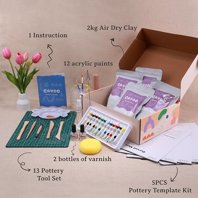 Caydo Air Dry Clay Pottery Kit for Beginners and Adults - 4.4 Lbs Air Dry Clay DIY Craft Set with Tools, Acrylic Paints, Varnish, Clay Stick, Paintbrushes and Step-by-Step Guide - Ideal Pottery Gift