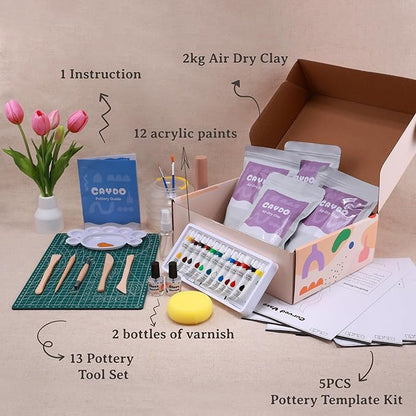 Caydo Air Dry Clay Pottery Kit for Beginners and Adults - 4.4 Lbs Air Dry Clay DIY Craft Set with Tools, Acrylic Paints, Varnish, Clay Stick, Paintbrushes and Step-by-Step Guide - Ideal Pottery Gift