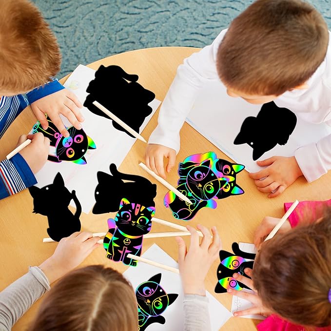 CY2SIDE 60PCS Cat Animal Scratch Bookmarks for Kids, DIY Cat Rainbow Color Paper Cards Craft Kit Birthday Decorations, Catling Pet Magic Art Project Party Favors for School Classroom Activities