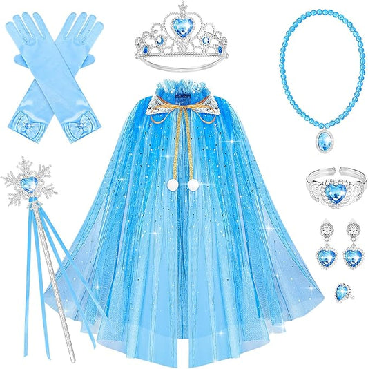 10 Pieces Princess Cape Set Dress up Clothes for Little Girls Party Cosplay Cloak with Jewelry Tiara Crown Wand Gloves